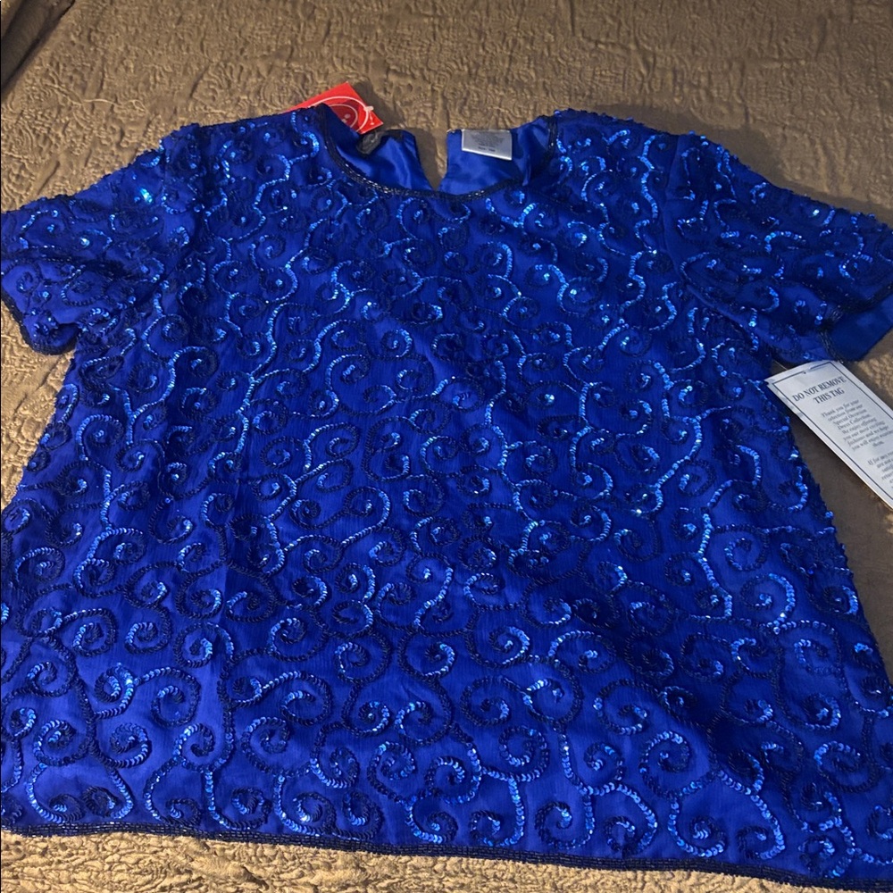 Jean For Joseph Le Bon Silk Sequin Top 16W Blue Formal Evening Wear New With Tag